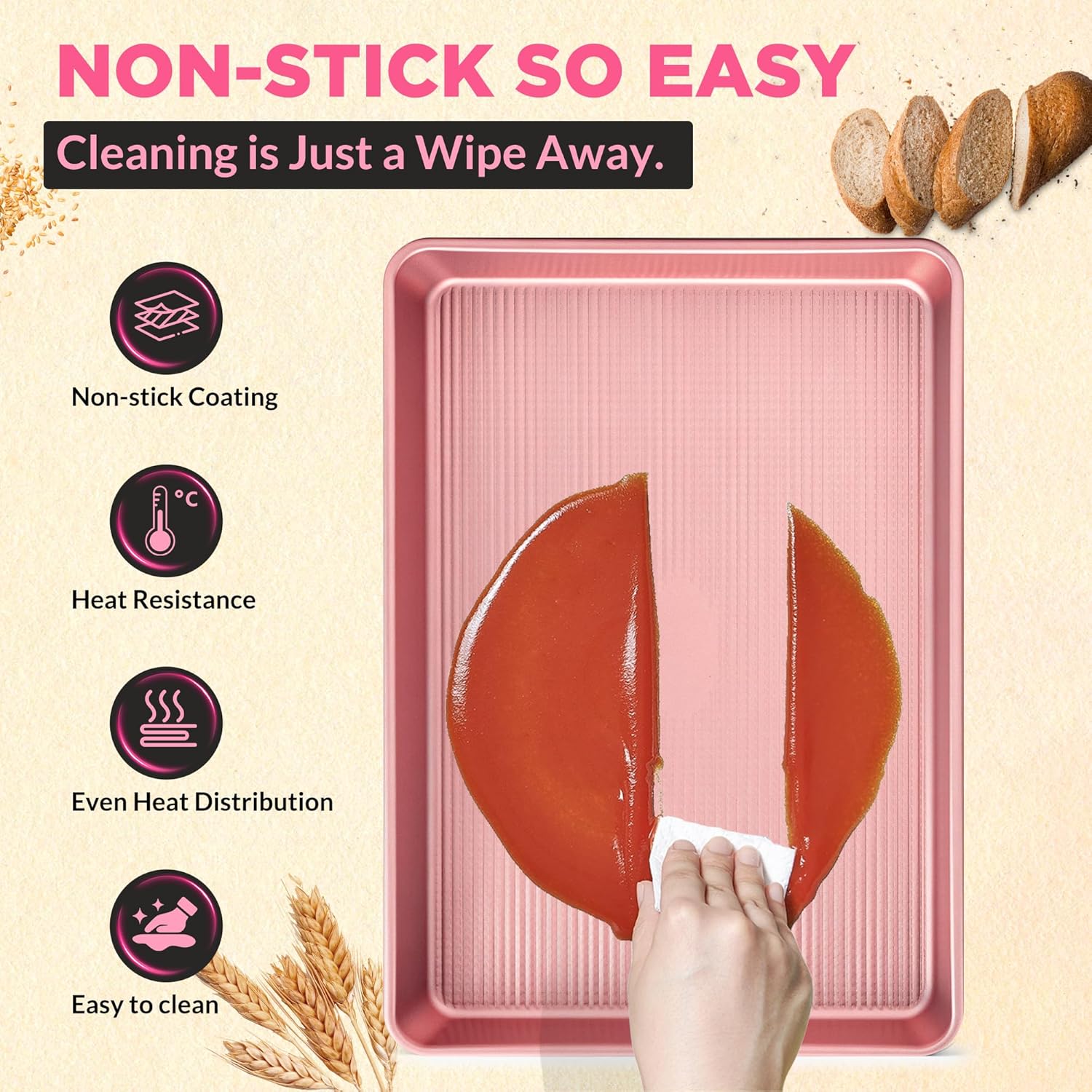 Professional Non-Stick Baking Sheets Set - 3-Piece Heavy Duty Carbon Steel Cookie Sheets | Oven Safe & Even Heating (Pink)
