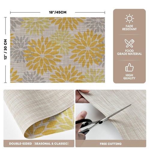 Artoid Mode Floral Plastic Placemats Set of 4, 12x18 Inch Washable Non-Slip Plastic Vinyl Place Mats for Party Kitchen Dining Decor, Yellow