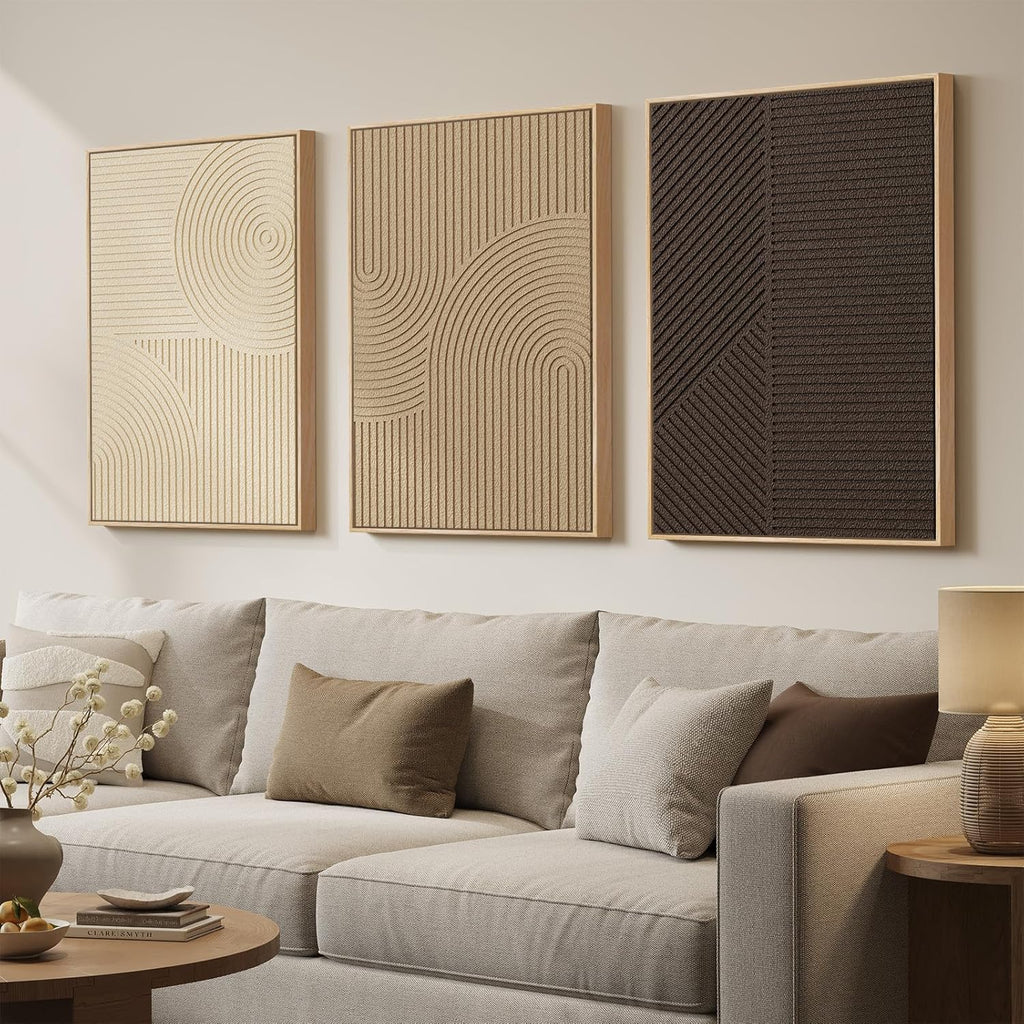 Skiennix 3D Textured Framed Boho Wall Art - Modern Minimalist Paintings | 3 Piece Set, 20x30 In, Brown Beige Tan