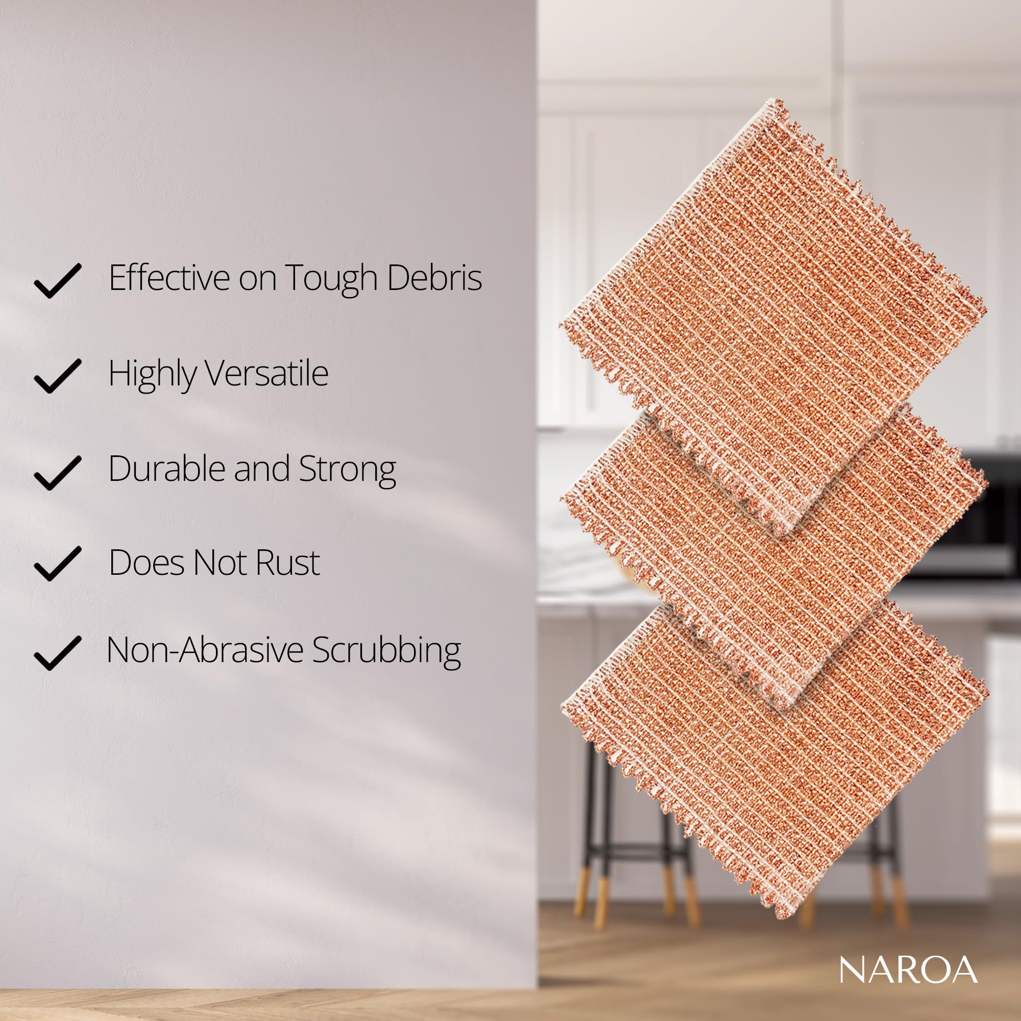 Naroa Copper Scrubbing Pads 3 Pack | 2-Ply Non-Abrasive Metal Mesh Scrubber | Reusable Copper Cleaning Cloth for Stainless Steel, Pots, Pans, Cast Iron | Kitchen Supplies Dishwashing Tools
