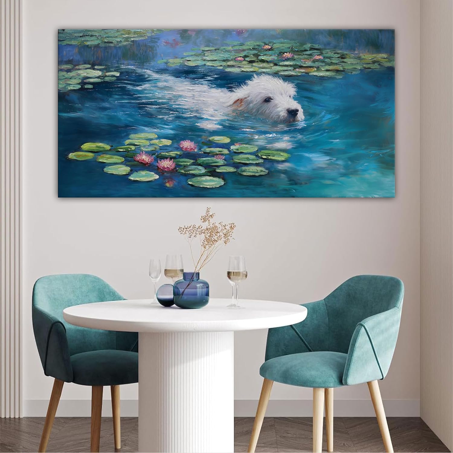 Monet Dog Wall Art - Large Framed Canvas Decor for Bedroom & Living Room - Vintage Landscape Painting 24x48 IN