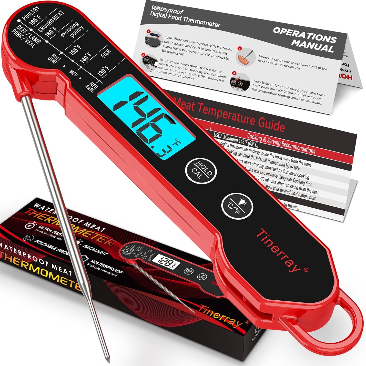 Professional Digital Meat Thermometer - Instant Read Waterproof Folding Probe with Backlight & Calibration for BBQ, Grill, Cooking