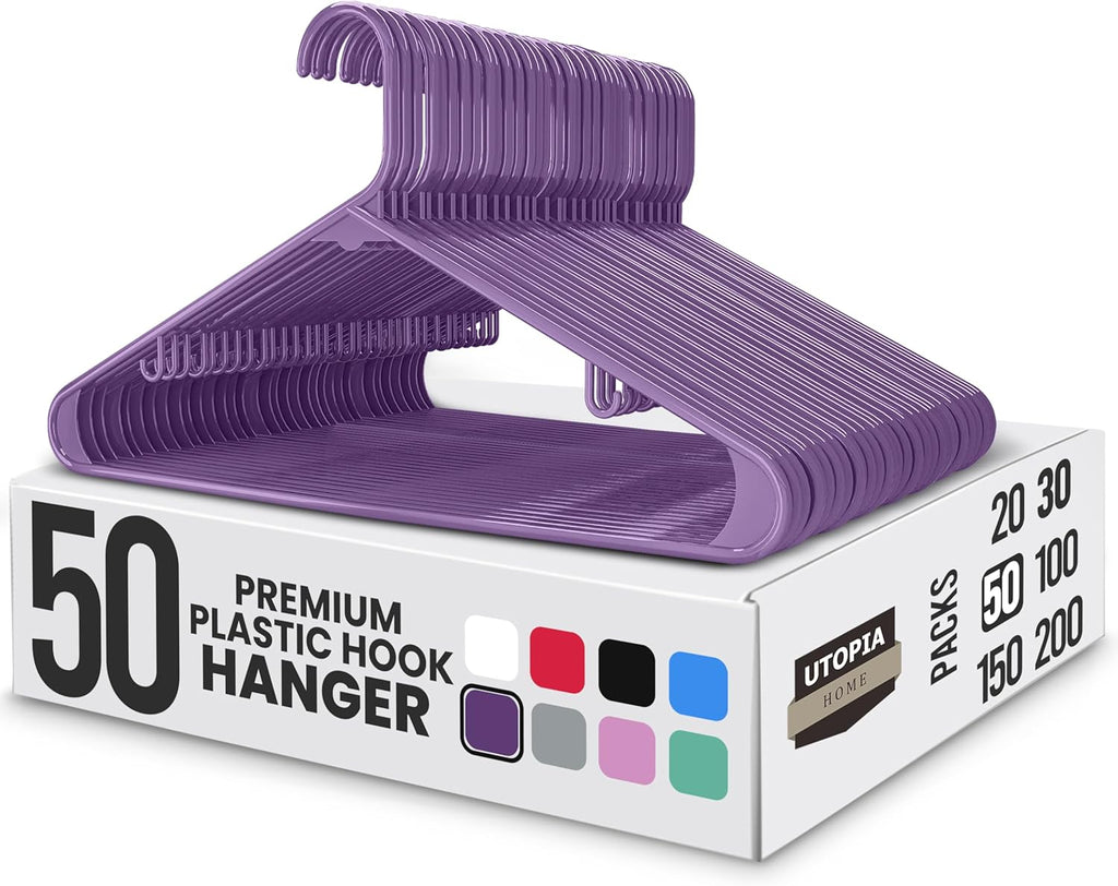 Utopia Home Plastic Hangers 50 Pack - Durable Space-Saving Clothes Hangers - Heavy Duty Purple Design