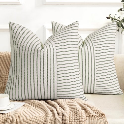 YCOLL Farmhouse Pillow Covers 18x18, Modern Accent Square Throw Pillow Covers Set of 2, Olive Green and Beige Striped Patchwork Linen Decorative Cushion Covers for Couch Chair Bedroom Home Decor