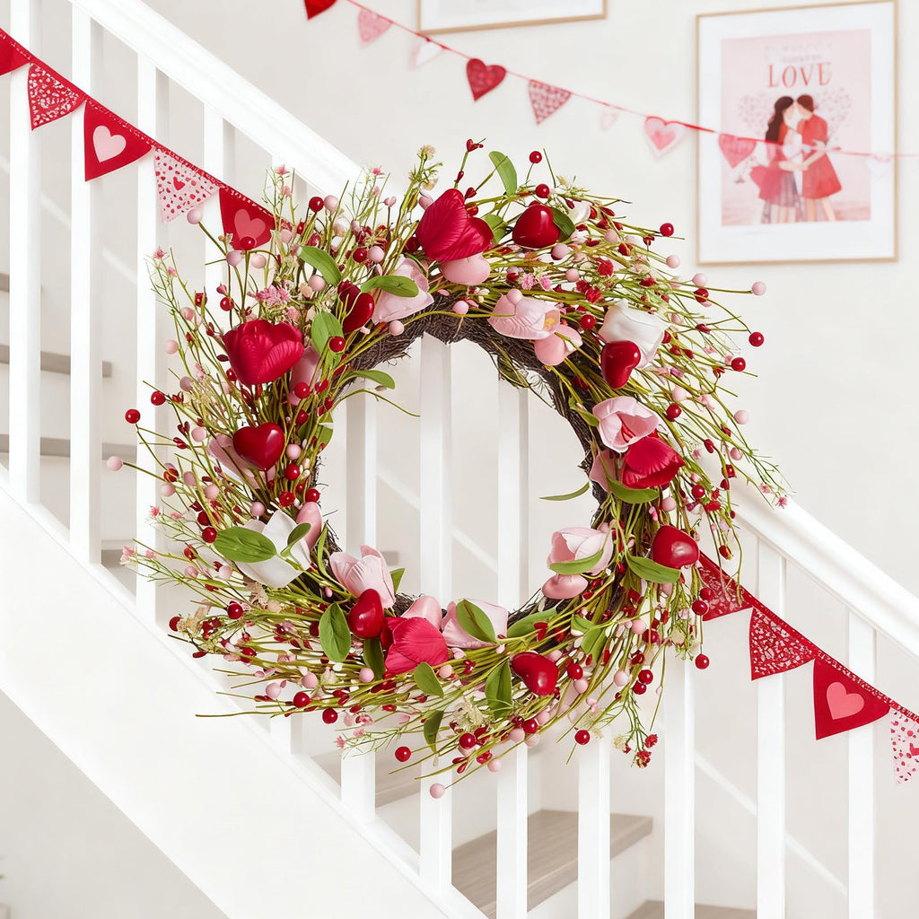 WDS WONDROUS 18.8 Inch Valentine's Day Wreath, Red Pink White Tulip Heart Wreath for Front Door Decor, Spring Wedding Anniversary Party Decoration