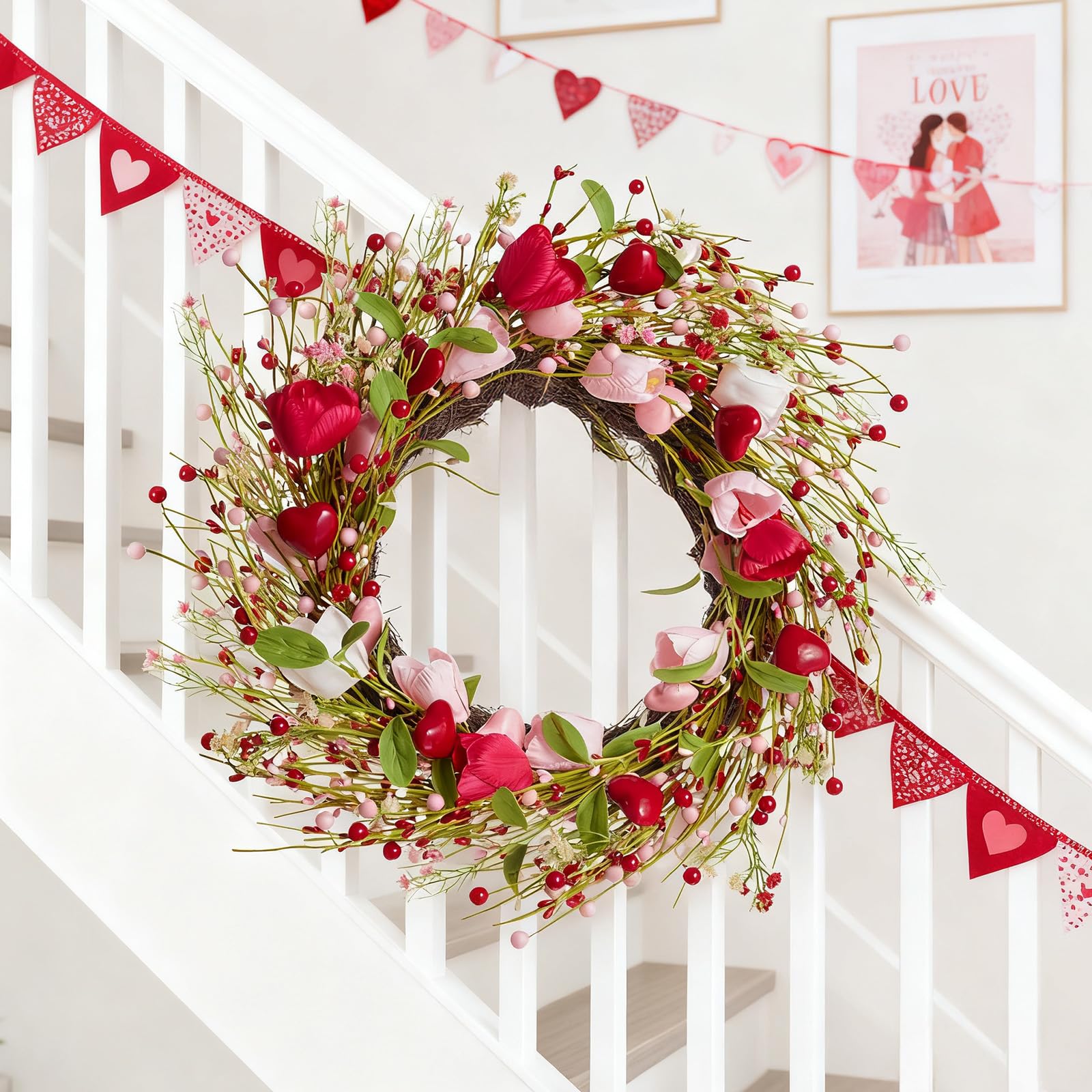 WDS WONDROUS 18.8 Inch Valentine's Day Wreath, Red Pink White Tulip Heart Wreath for Front Door Decor, Spring Wedding Anniversary Party Decoration