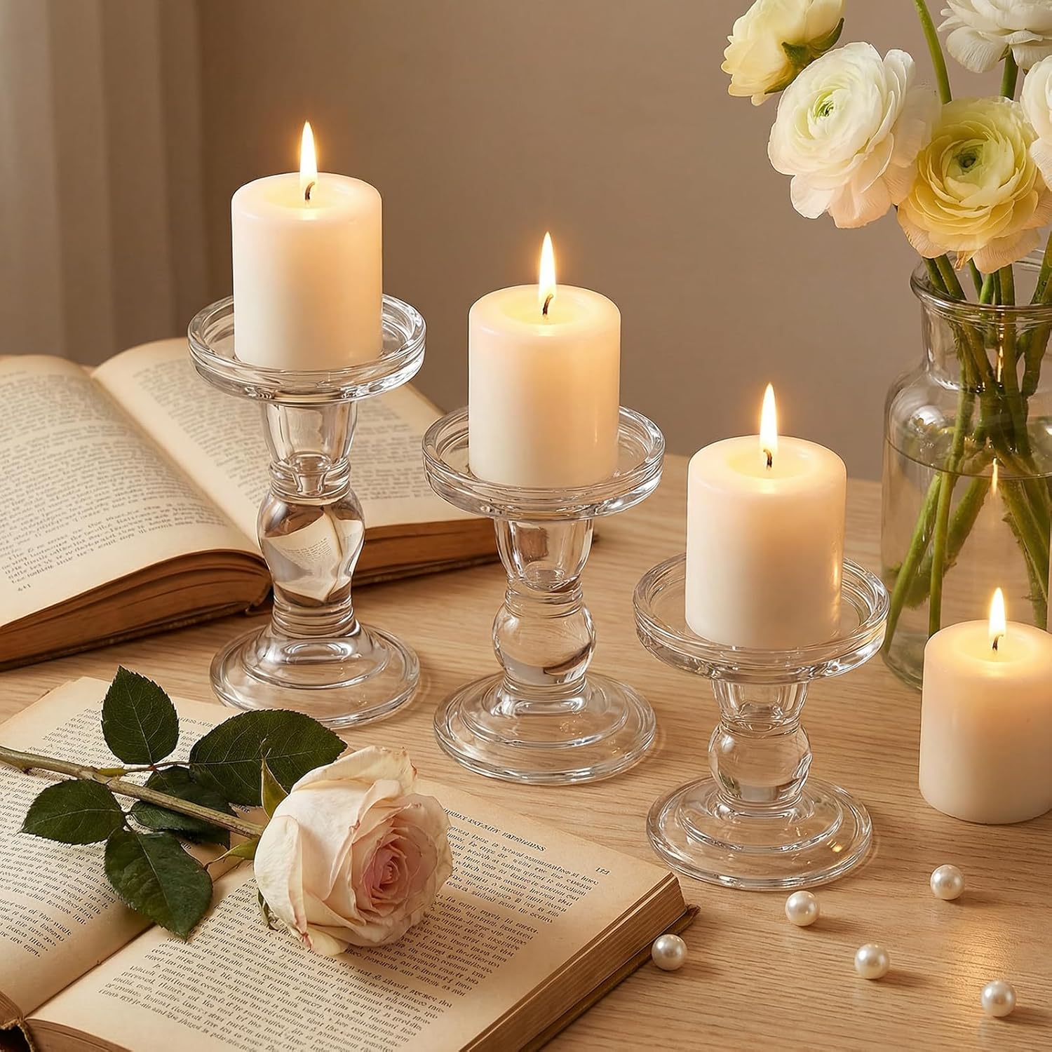 Okllen Glass Candle Holders Set of 6 - Clear Crystal Pillar & Tealight Holders for Home Decor & Weddings