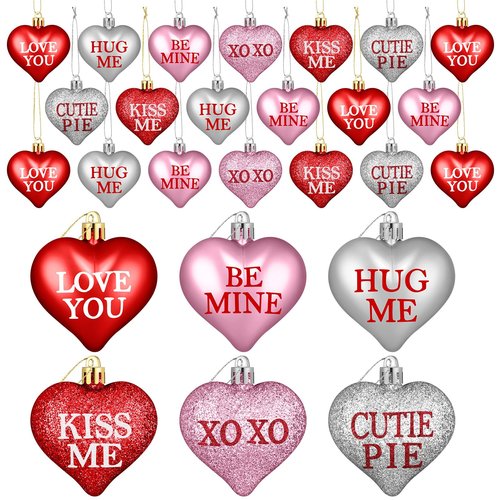 60 Pcs Valentine's Day Heart Hanging Ornaments Red Pink Sliver Glitter Tree Hanging Decorations Valentine Baubles Romantic Love XOXO Hug Me Tree Padent for Wedding Anniversary Decorations, 6 Styles