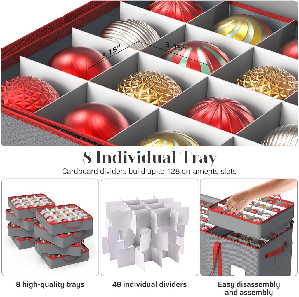 Winpull Christmas Ornament Storage Box - Large Organizer for 128 3-Inch Ornaments | Adjustable Dividers & Dual Zipper (Grey)