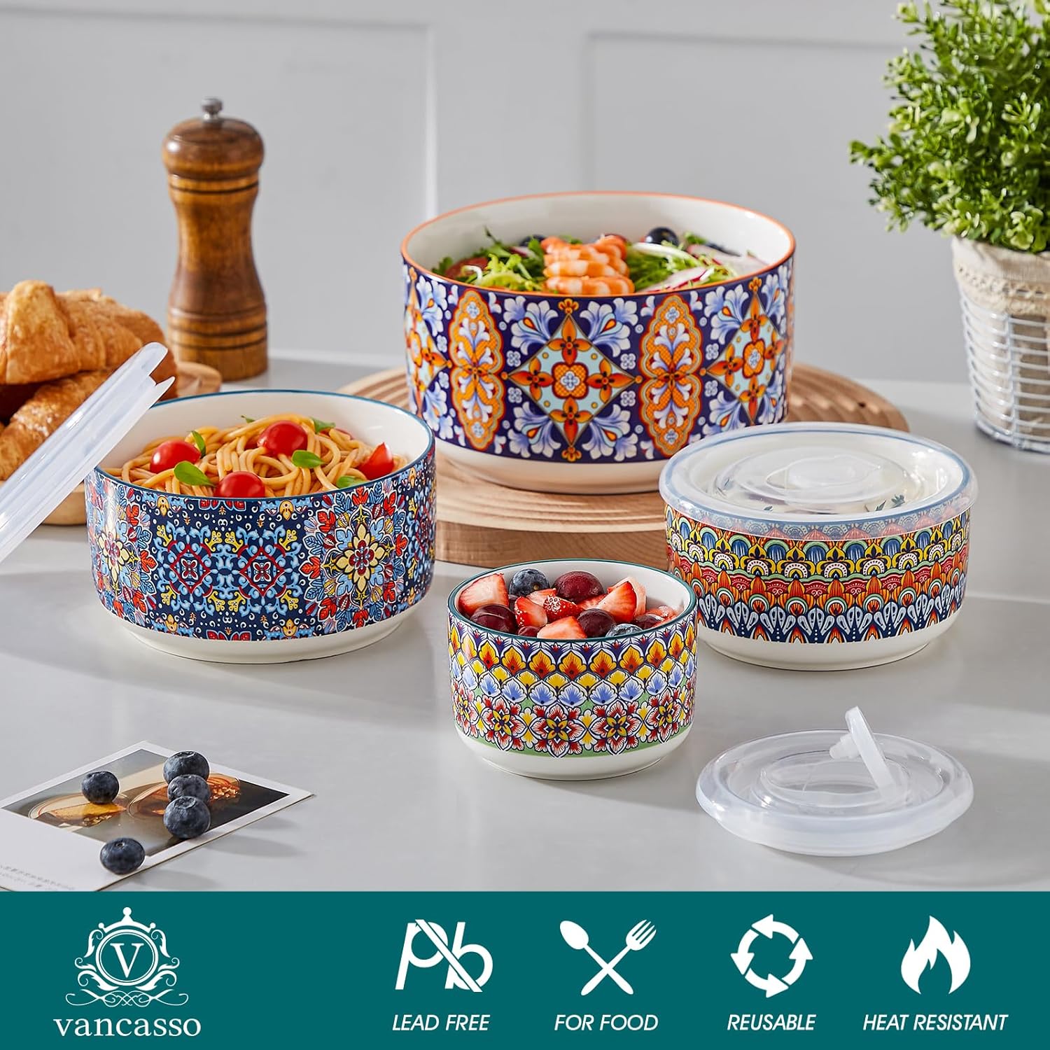 Vancasso Serving Bowls Set of 4 - Ceramic Nesting Mixing Bowls with Lids | Dishwasher & Microwave Safe, 60/36/20/10 OZ
