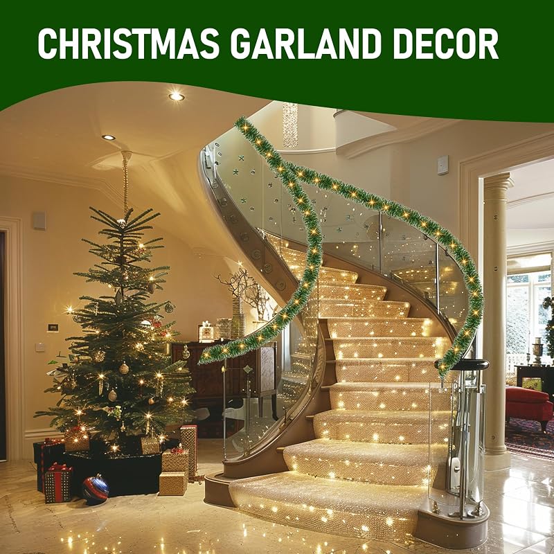 Warm White 30ft Pre-Lit Christmas Garland with 100 LEDs, 8 Modes, Indoor/Outdoor