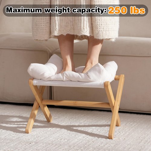 Baveke Ottoman Foot Rest- Bamboo Foldable Stool, Foot Stools Small Ottman with Upholstered & X Legs, Folding Shoe Bench, Bedroom and Living Room (Small Beige)