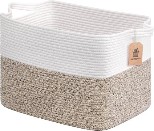 Goodpick Woven Storage Baskets - 18" x 14" x 12" Rectangle Toy Organizer for Living Room & Kids | White & Brown