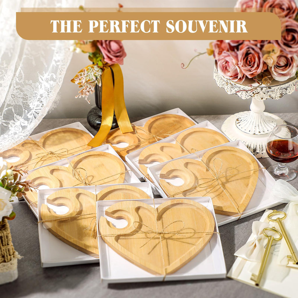 Menkxi 12 Set Wine Appetizer Plates Mini Charcuterie Boards with Wine Glass Holder and Box Gifts for Bridal Shower Game Prizes Wooden Cocktail Cheese Plate for Guests Baby Shower(Heart,Light Color)