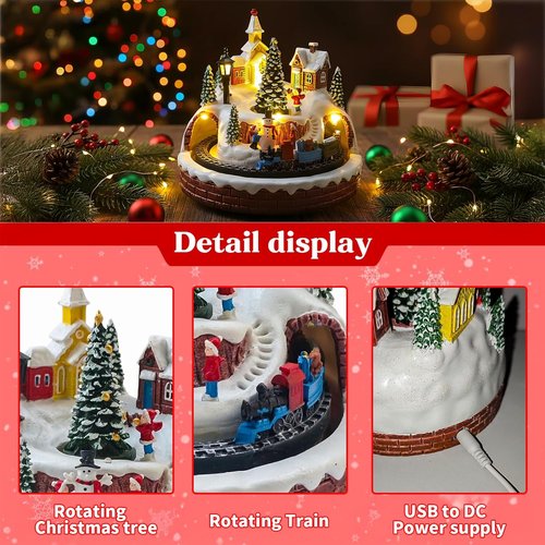 Christmas Village Decoration - Spinning Train & Tree, Musical Collectible with LED Lights | 8 Songs, Timer Function, Dual Power