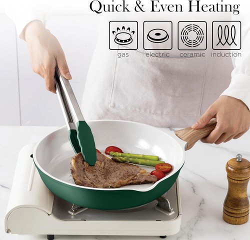 Country Kitchen Nonstick Pots and Pans Set - 14-Piece Cast Aluminum Cookware Set in Sage with Utensils