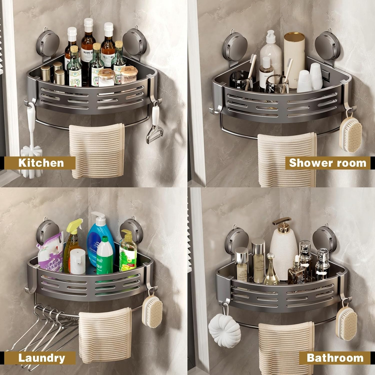 VOLPONE Shower Caddy - Corner Suction Cup Organizer with No Drilling | Adhesive Bathroom Shelf (Gray)