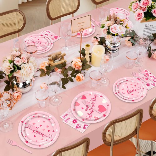 96 Pieces Valentine’s Day Tableware Set – Pink Heart Disposable Plates, Napkins, and Forks with “Love” and “Happy Valentine’s Day” Designs for Romantic Dinners, Weddings, and Parties – Serves 24