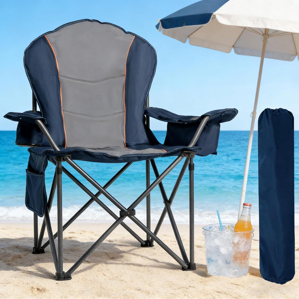 Skiennix Oversized Camping Chair - Heavy Duty Portable Folding Chair with Cup Holder & Waterproof Phone Case - Blue & Gray, XL