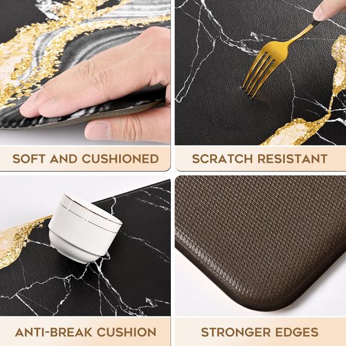 ASPMIZ 3 Piece Marble Kitchen Runner Rugs Set, Anti Fatigue Cushioned Kitchen Floor Mats, Black Gold Marble Kitchen Rugs Non Slip, PVC Waterproof Kitchen Mats 18'' x 30'' + 18'' x 48'' + 18'' x 60''