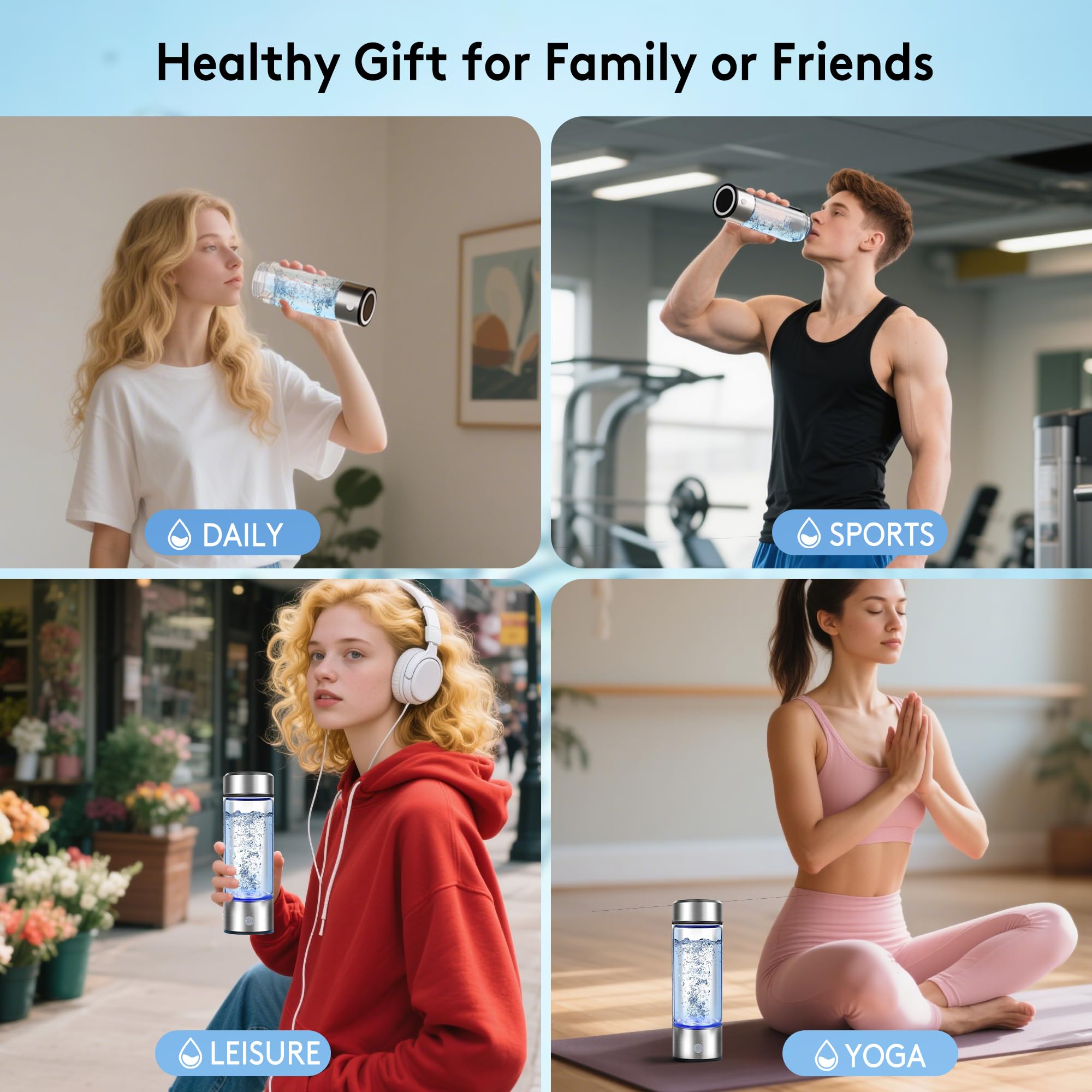 Hydrogen Water Bottle, 2800PPB in 3Min, SPE PEM Tech, Portable 16OZ, Rechargeable Hydrogen Water Bottle for Travel, Home, Office – Gift for Family & Friends (XR-15)