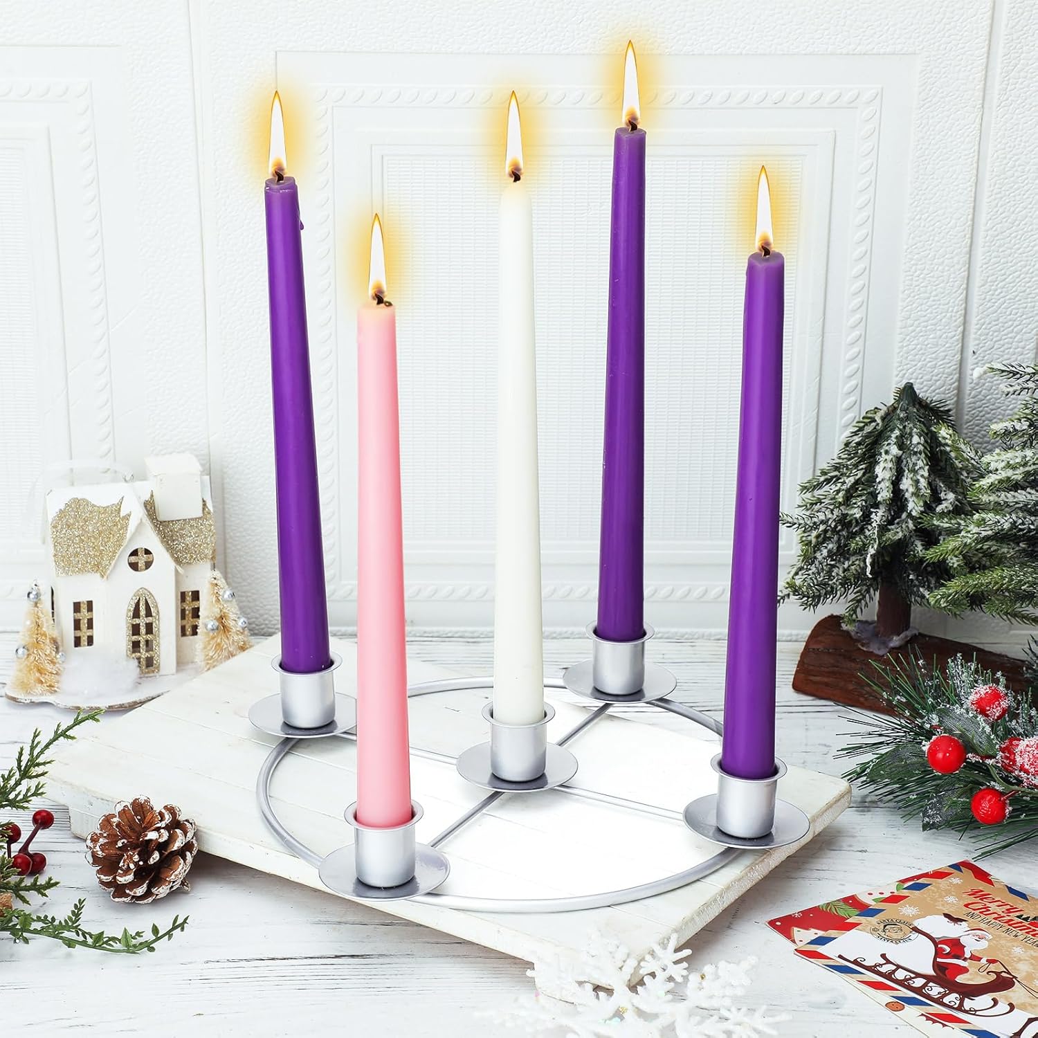 Newtay Christmas Advent Wreath Candle Holder - 5 Candle 8.5 Inch Metal Ring for Holiday Decor | Silver