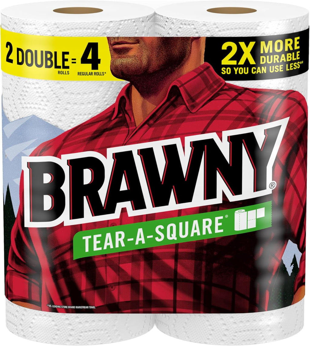 Brawny Tear-A-Square Paper Towels - 2 Double Rolls (4 Regular Rolls) | Versatile 3 Sheet Sizes for All Messes