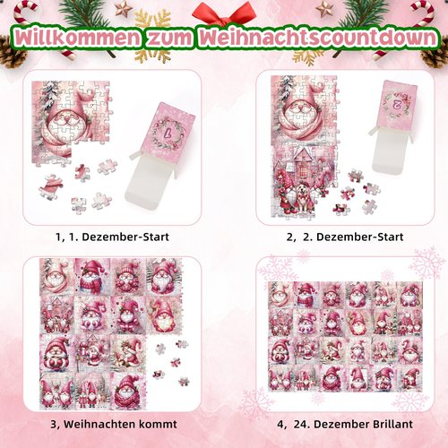 Advent Calendar Puzzle 2025: 1008 Pcs Pink Tomte gnomes Puzzle to Enhance Observation Skills and Boost IQ, 24-Day Christmas Countdown for Kids and Adults