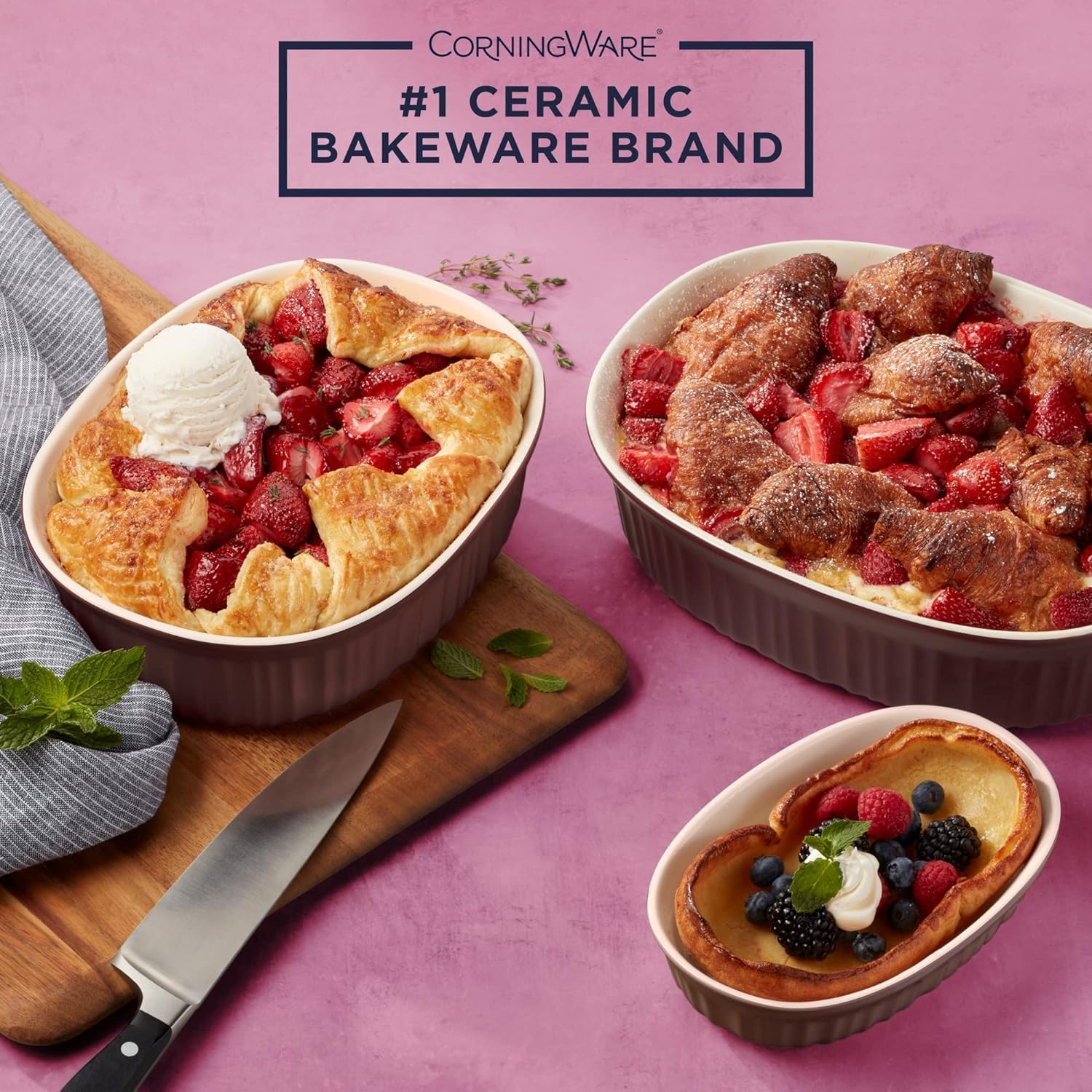 CorningWare Ceramic Bakeware Set - Chip & Crack Resistant Stoneware | 6-Piece French Cabernet, Safe for Oven & Microwave