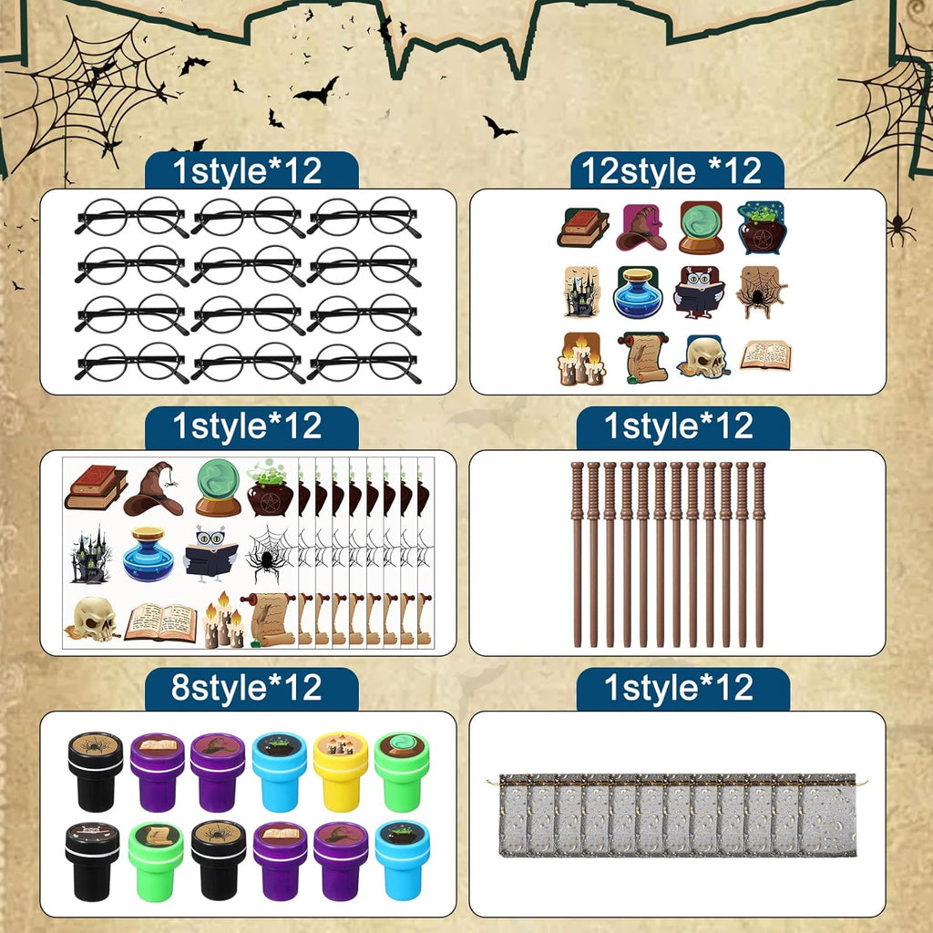 Pasimy Wizard Party Favors - 144 Pcs Magical Goody Bag Set with Mini Notebook, Glasses & Stickers