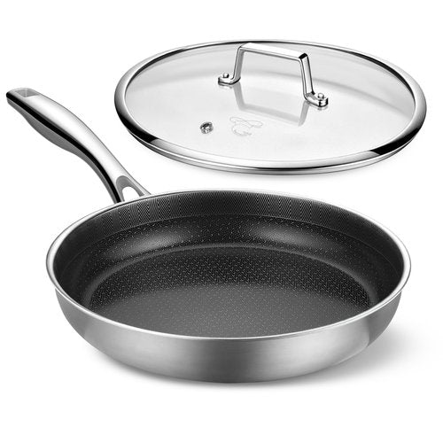 PekGema Hybird Nonstick Frying Pan with Lid 12 inch, Stainless Steel Skillet, Ceramic Non-stick Oven-Safe Chef Pan, Induction Ready, PFOA PFAS FREE Cookware