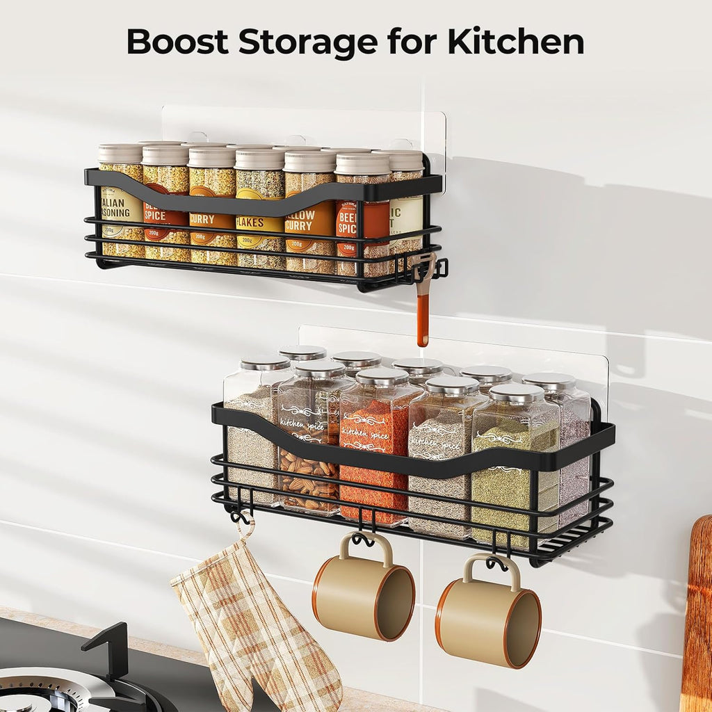 Orimade Shower Caddy Shelf - Rust Resistant Wall-Mounted Organizer with 5 Hooks | 2 Pack, Black