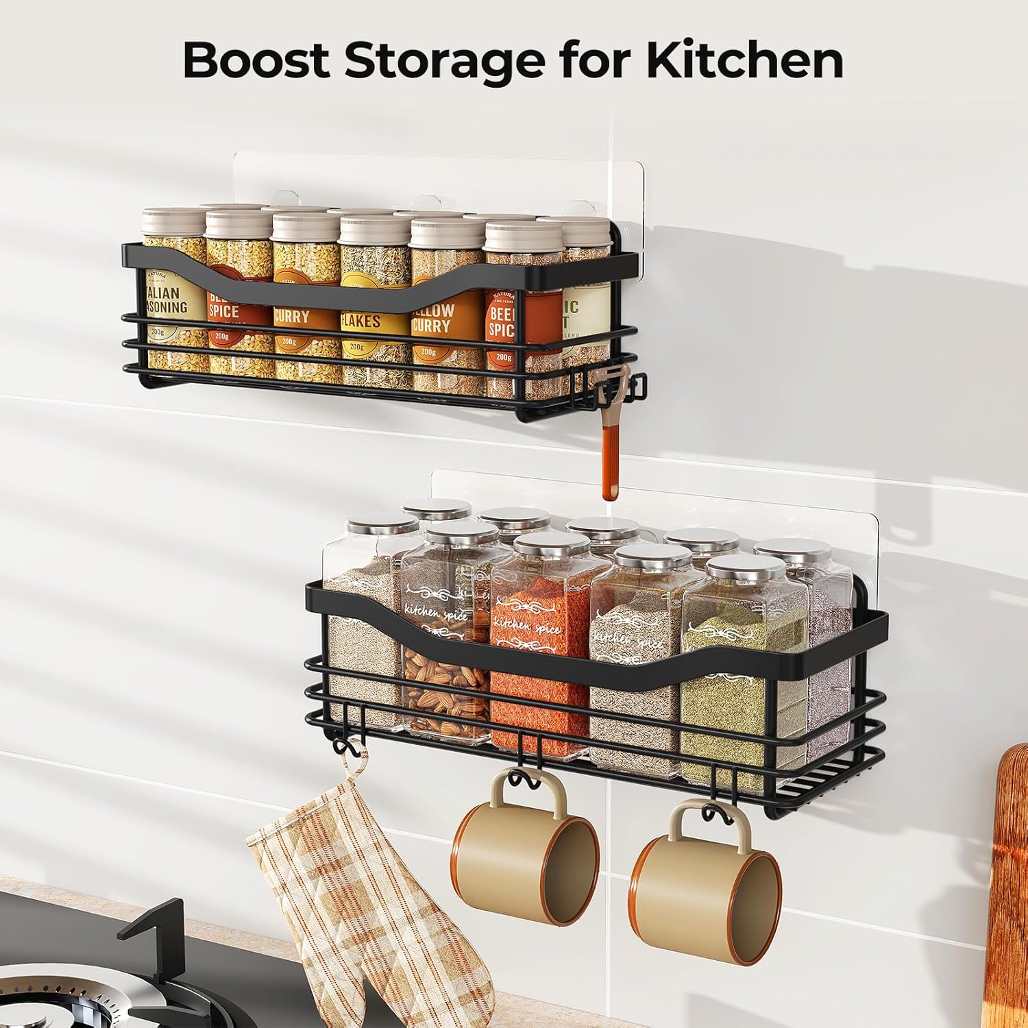 Orimade Shower Caddy Shelf - Rust Resistant Wall-Mounted Organizer with 5 Hooks | 2 Pack, Black