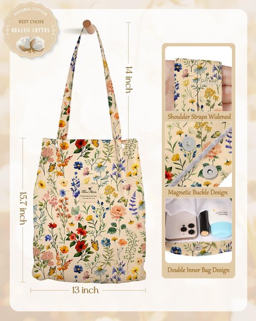 Miss Adola Aesthetic 2 Pack Corduroy Tote Bag - with Corduroy Makeup Pouch Bag for Women Beige Flower Reusable Grocery Bag with Buckle Shoulder Bag for Gym, Travel, Work