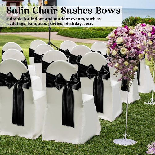 Black Satin Chair Sashes by [Brand Name] - 12 Pcs, 7x108 Inch Bows for Weddings & Events