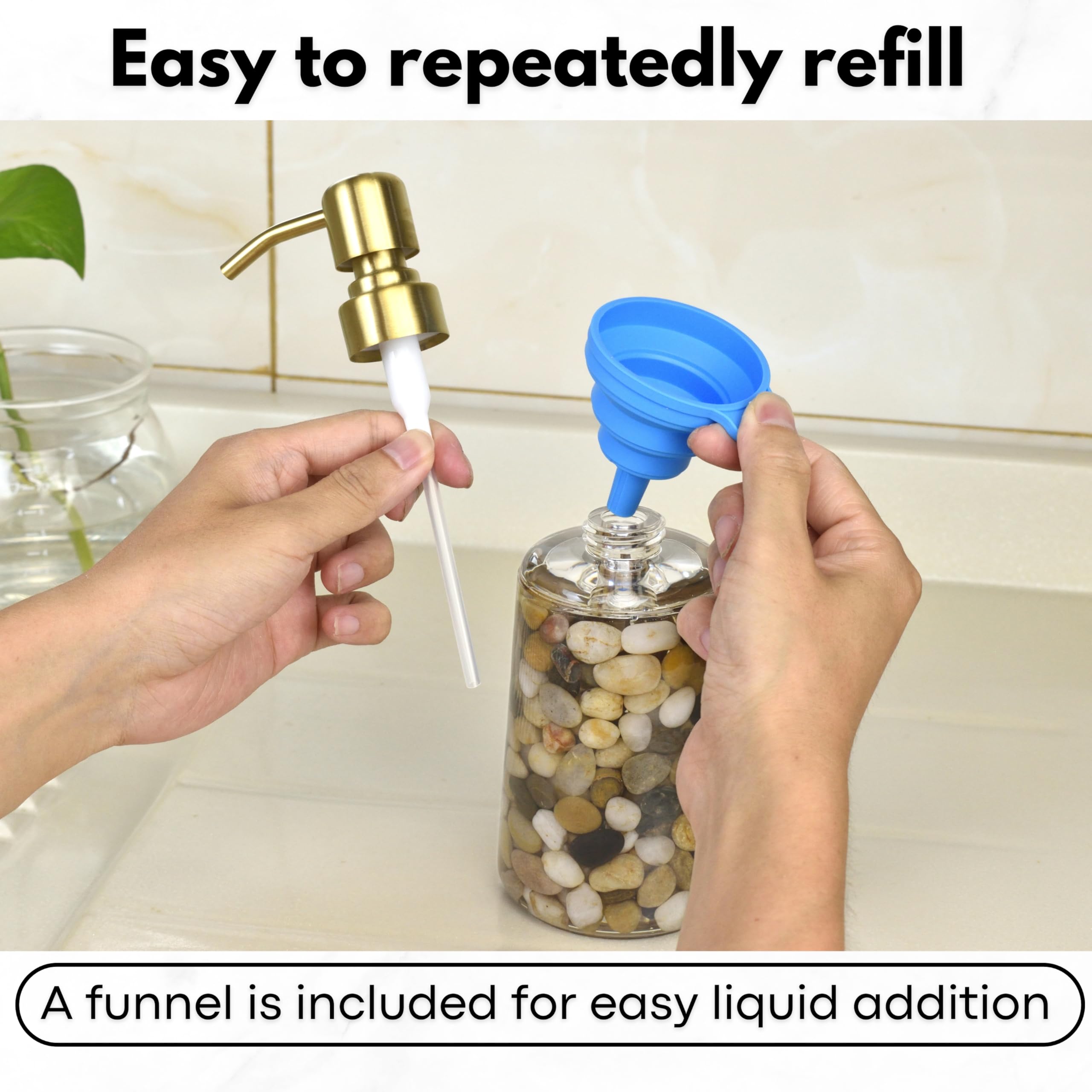Handmade Refillable Soap Dispenser for Bathroom & Kitchen, Rocks Stone Soap Dispenser with Gold Stainless Steel Pump