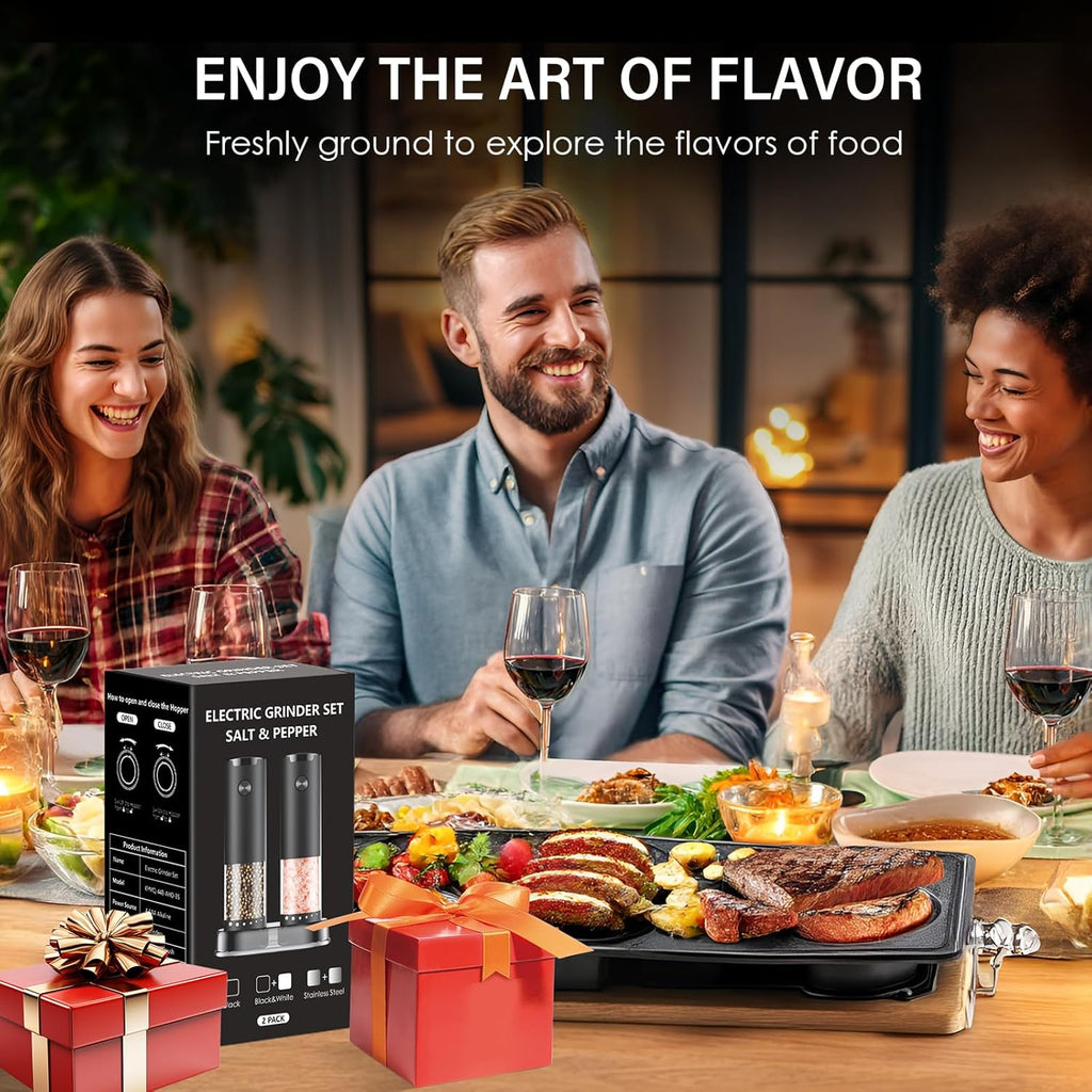 Skiennix Electric Salt and Pepper Grinder Set - Automatic Shakers with 6-Level Coarseness | Battery Operated, Black