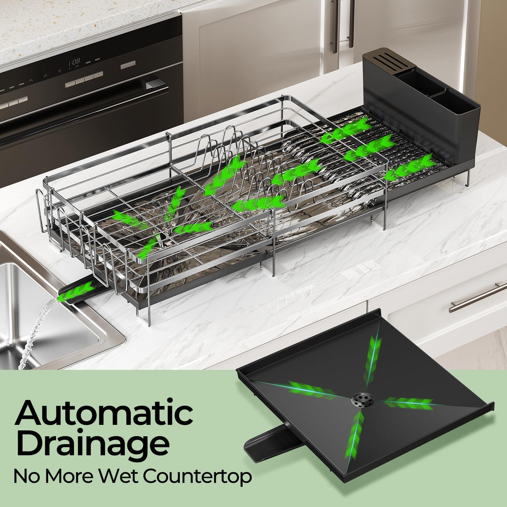 Pantasia Large Dish Drying Rack, Expandable Dish Rack, Stainless Steel Anti-Rust Dish Racks for Kitchen Counter, Multifunctional Dish Drainer with Utensil Holder & Cup Holder, 13.4"-28.7" L x 11.8" W
