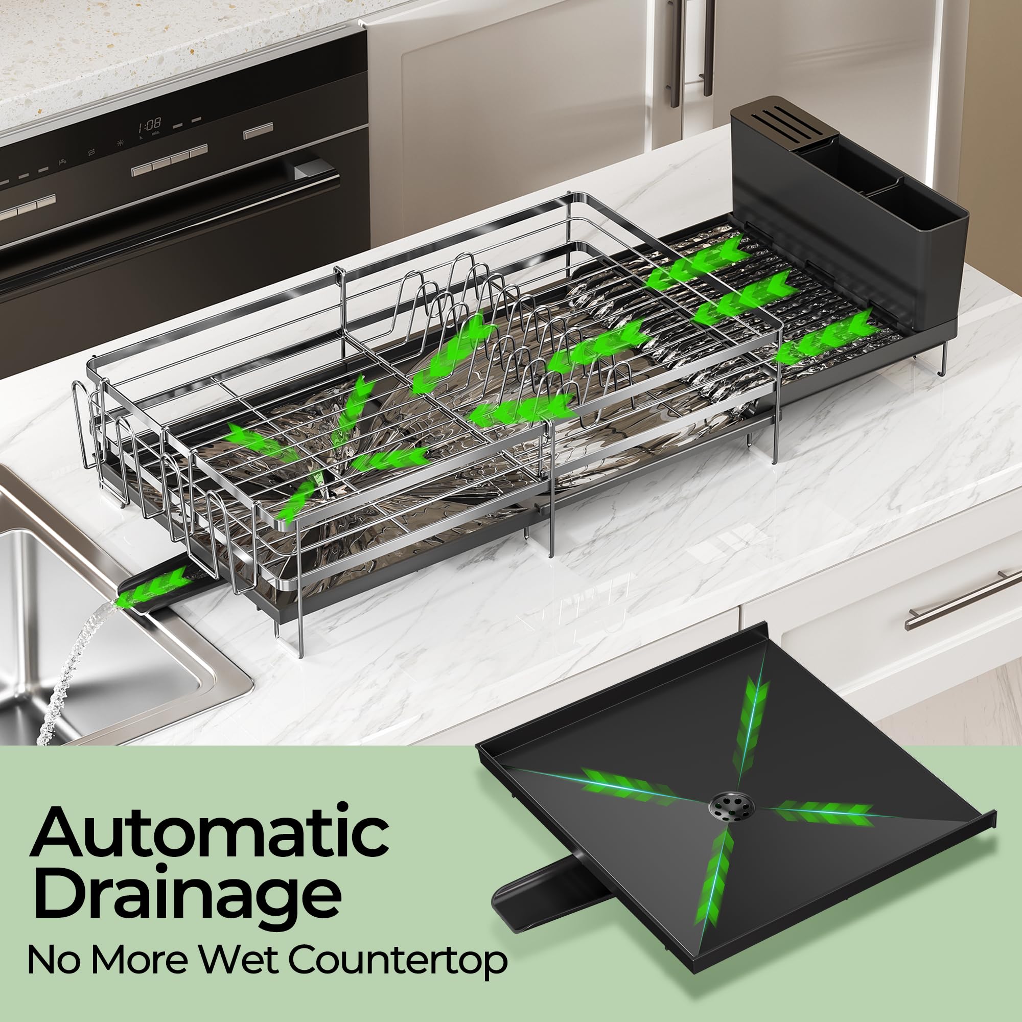 Pantasia Large Dish Drying Rack, Expandable Dish Rack, Stainless Steel Anti-Rust Dish Racks for Kitchen Counter, Multifunctional Dish Drainer with Utensil Holder & Cup Holder, 13.4"-28.7" L x 11.8" W