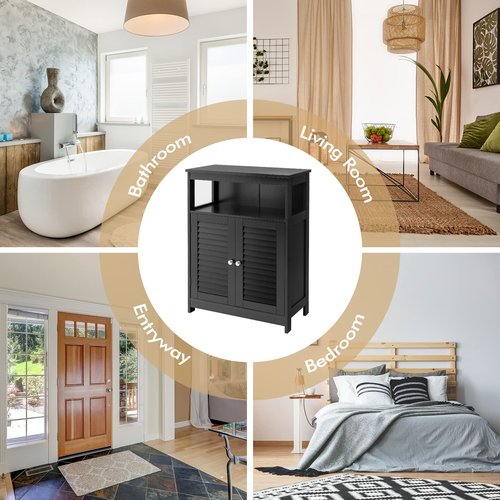 COSTWAY Bathroom Storage Cabinet, Wooden Side Storage Organizer with Louver Doors & Removable Shelf, Freestanding Floor Cabinet for Living Room, Kitchen, Entryway (Black)