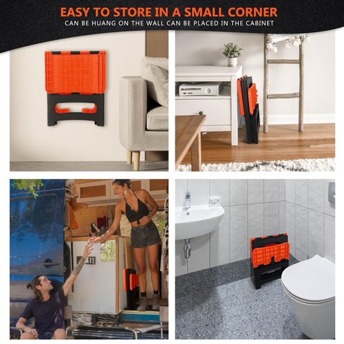 Folding 2-Step Stool, Non-Slip Portable Footstool 8" & 17" Dual Heights, Holds 250 lbs, Portable Footstool for Kitchen Home Toilet Bedroom Office Bathroom RV(Orange)