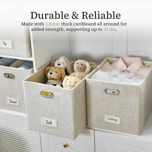 DECOMOMO Felt Storage Bins - 11 Inch Cube Storage Bins with Labels for Kallax Shelves | Beige (Set of 6)