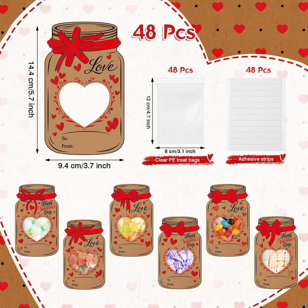 Honeydak 48 Set Valentine's Day Mason Jar Bows Cards Kit with Clear Treat Bags & Adhesive Strips, Happy Valentines Cards, DIY Goodie Bags, Valentines Exchange Card, Party Favors Supplies