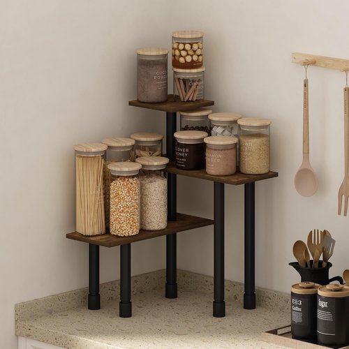 Furinno Turn-N-Tube Kitchen Countertop Organizer - 3-Tier Corner Shelf in Amber Pine for Efficient Storage