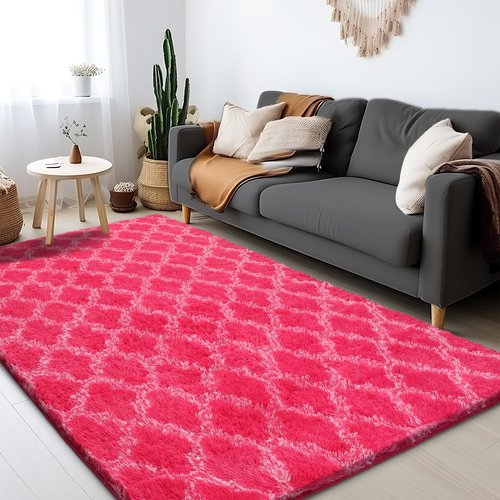 Puremy Shag Area Rug 5x7 Feet Extra Soft Rugs for Living Room, High Pile Indoor Carpet for Bedroom, Kids Room, Nursery, Home Decor, Geometric, Hot Pink/White
