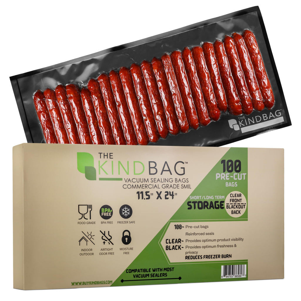 The Kind Bag Vacuum Seal Bags for Food; Food Grade, BPA Free & Freezer Safe; Airtight, Odor Free and Moisture Free; Commercial Grade 5mil Clear & Black; 11.5x24 inch Pre Cut Bags (100 ct)