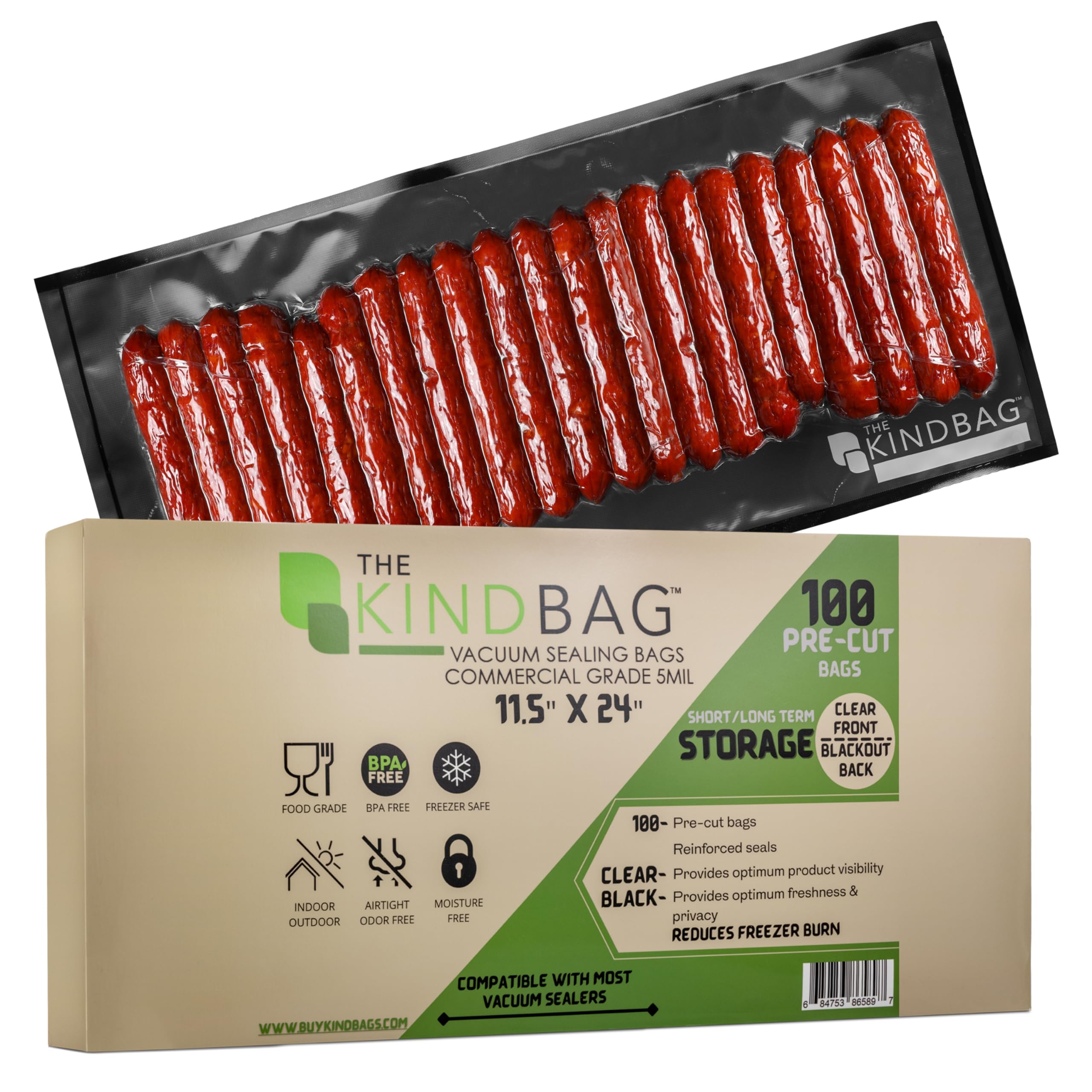 The Kind Bag Vacuum Seal Bags for Food; Food Grade, BPA Free & Freezer Safe; Airtight, Odor Free and Moisture Free; Commercial Grade 5mil Clear & Black; 11.5x24 inch Pre Cut Bags (100 ct)