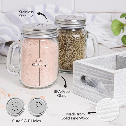 Mason Jar Salt and Pepper Shakers - Glass Shaker Set with Wood Holder Caddy, Easy to Clean & Refill for Farmhouse Kitchen Table, Home and Gifts (White)