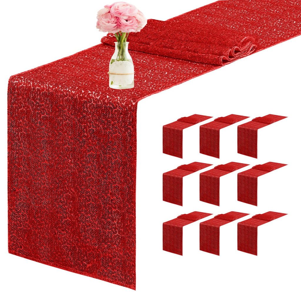 Yblut 10 Packs 12 x 72 inches Sequin Table Runner, Red Glitter Table Runner for Birthday Party Supplies Wedding Engagement Baby Shower Holiday Celebration Event Decorations