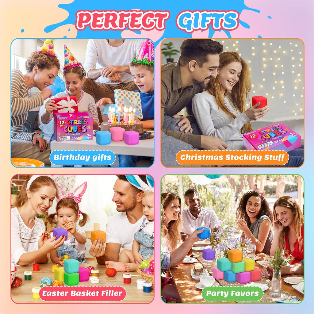 Skiennix 12 Pack Slow Rising Stress Cubes - Soft Squishy Fidget Toys for Anxiety Relief | Perfect for Kids & Adults